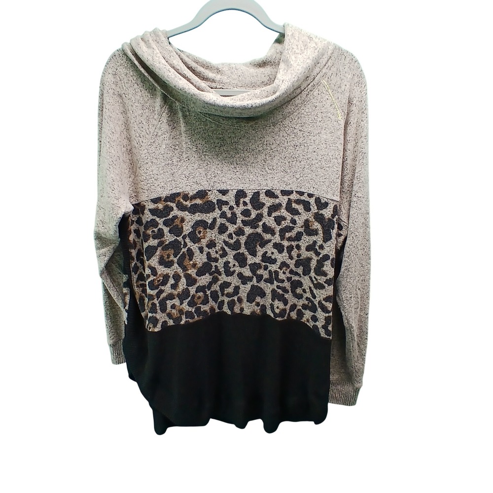 Maurices 24/7 Cowl Neck Pullover Large Tan Black Leopard Colorblock Cozy Top